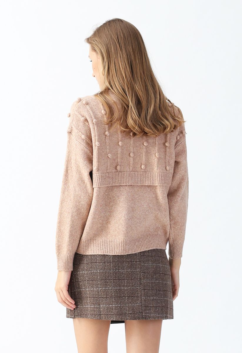 Round Neck Pom-Pom Trimmed Knit Sweater in Tan