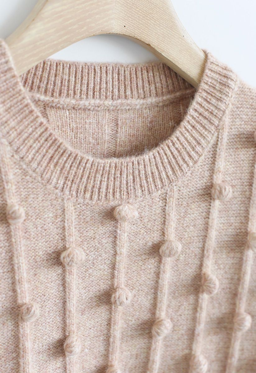 Round Neck Pom-Pom Trimmed Knit Sweater in Tan