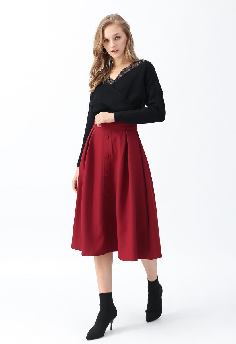 Button Front Trim A-Line Midi Skirt in Red