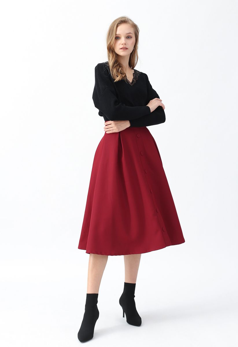 Button Front Trim A-Line Midi Skirt in Red