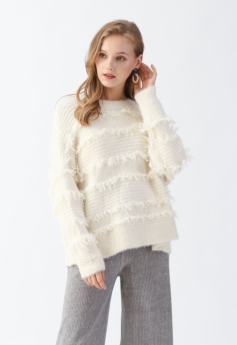 Fringe Trim Fuzzy Knit Sweater in Ivory