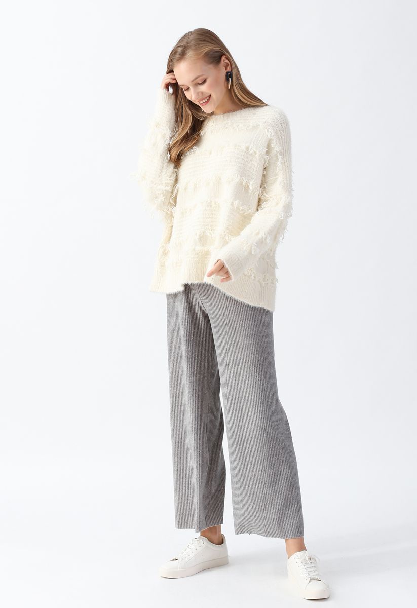 Fringe Trim Fuzzy Knit Sweater in Ivory