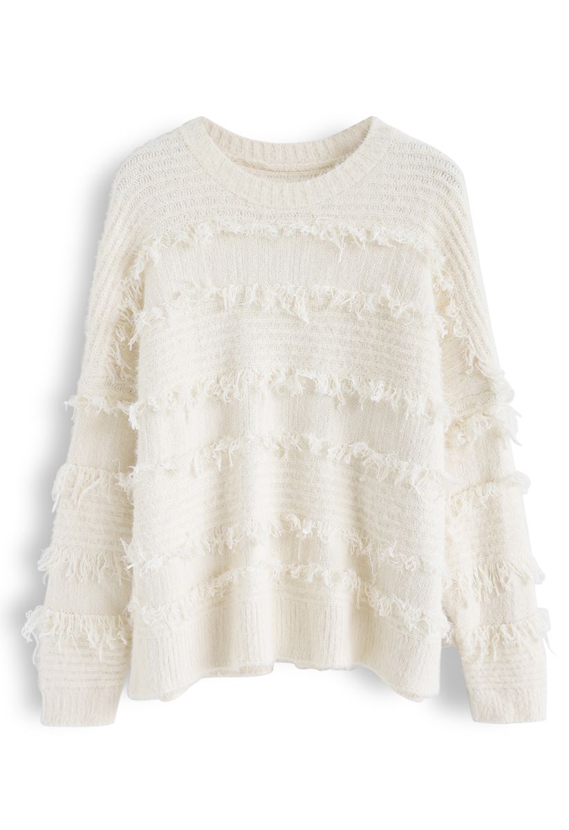 Fringe Trim Fuzzy Knit Sweater in Ivory