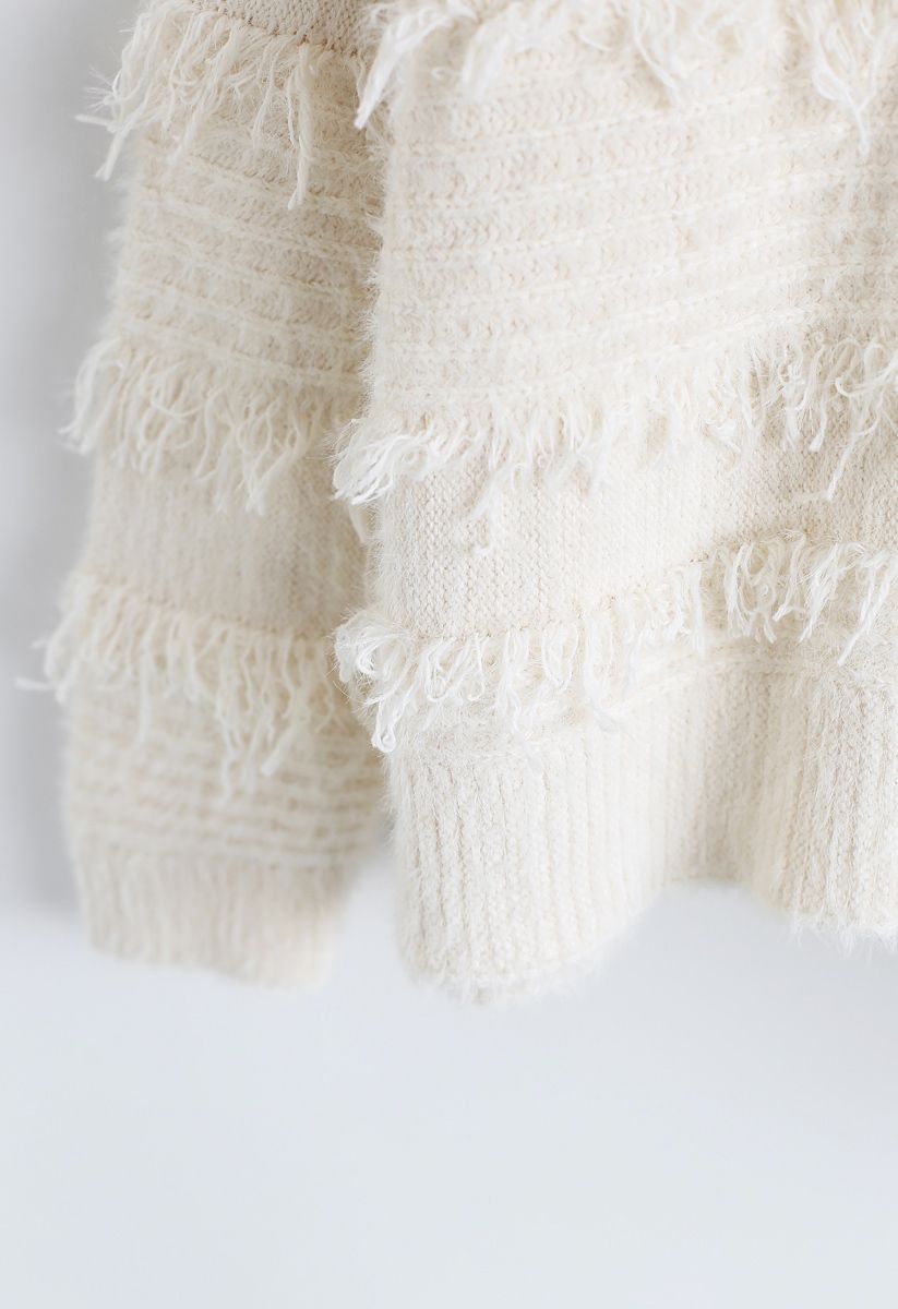 Fringe Trim Fuzzy Knit Sweater in Ivory