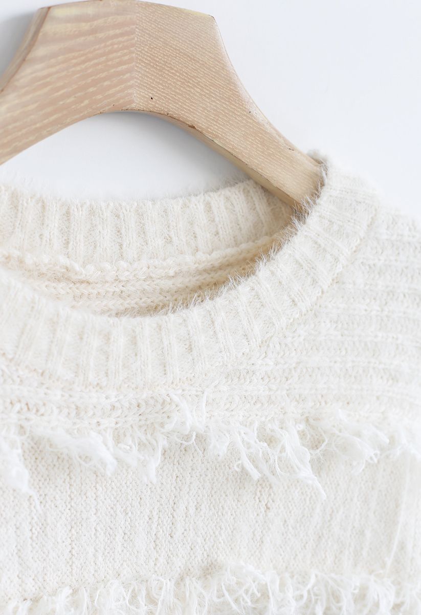 Fringe Trim Fuzzy Knit Sweater in Ivory