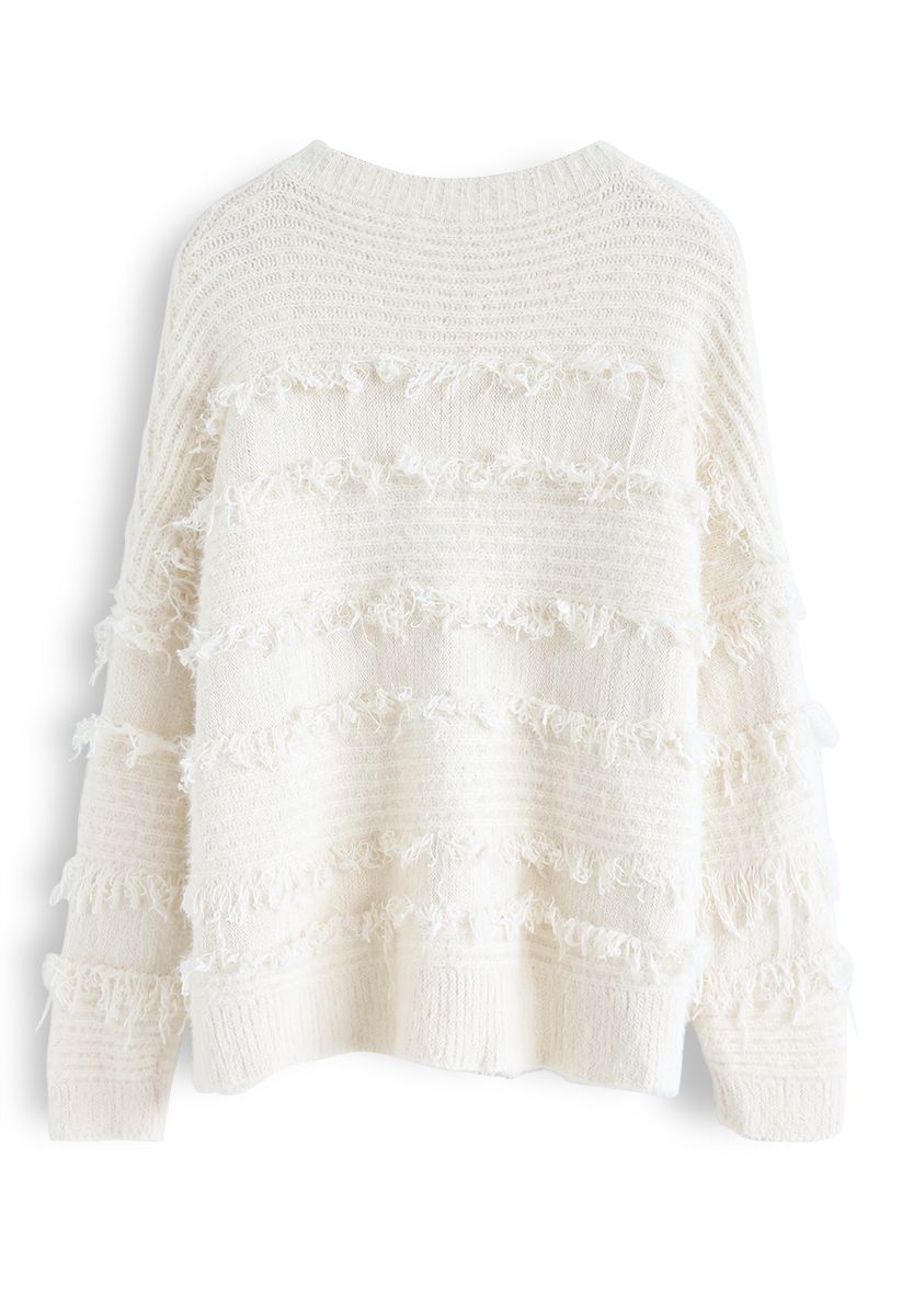 Fringe Trim Fuzzy Knit Sweater in Ivory