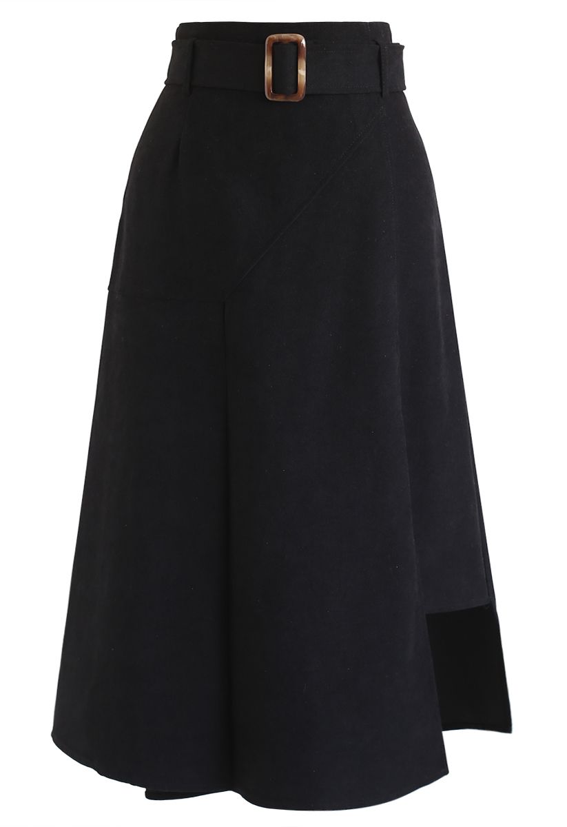 Belted Asymmetric Split Midi Skirt in Black