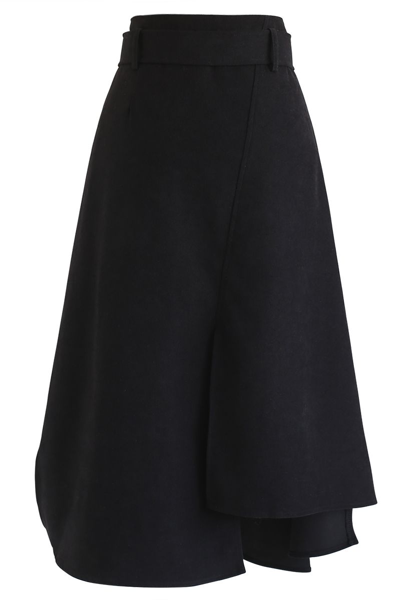 Belted Asymmetric Split Midi Skirt in Black