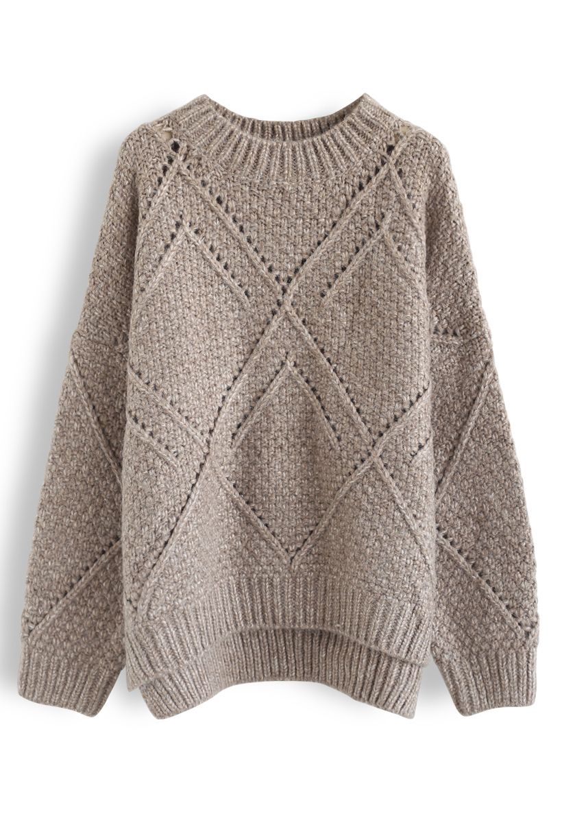 Diamond Hollow Out Oversized Knit Sweater in Taupe