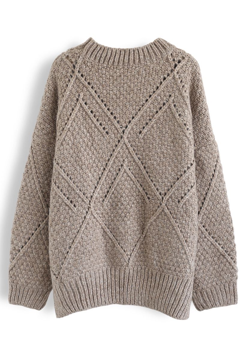 Diamond Hollow Out Oversized Knit Sweater in Taupe