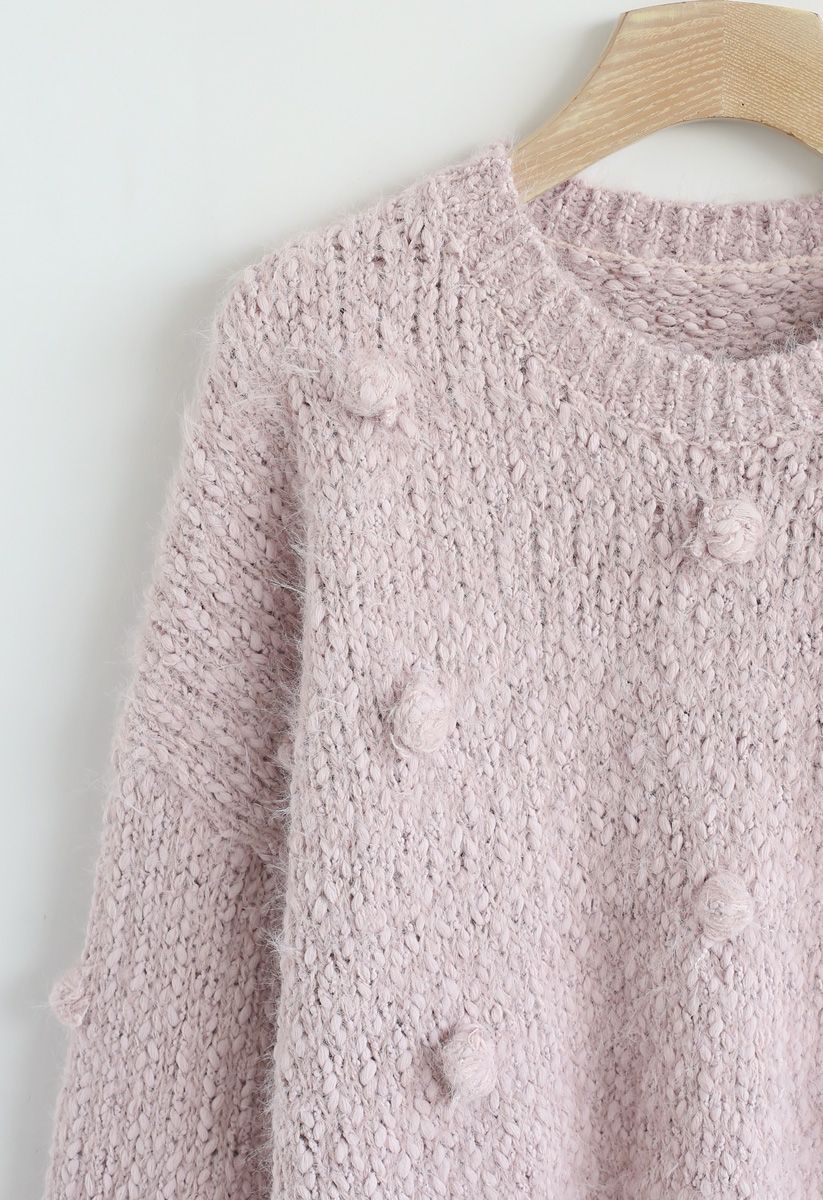 Pom-Pom Decorated Fuzzy Knit Crop Sweater in Pink