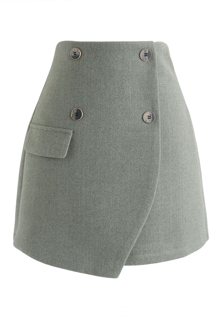 Button Trim Flap Mini Skirt in Green