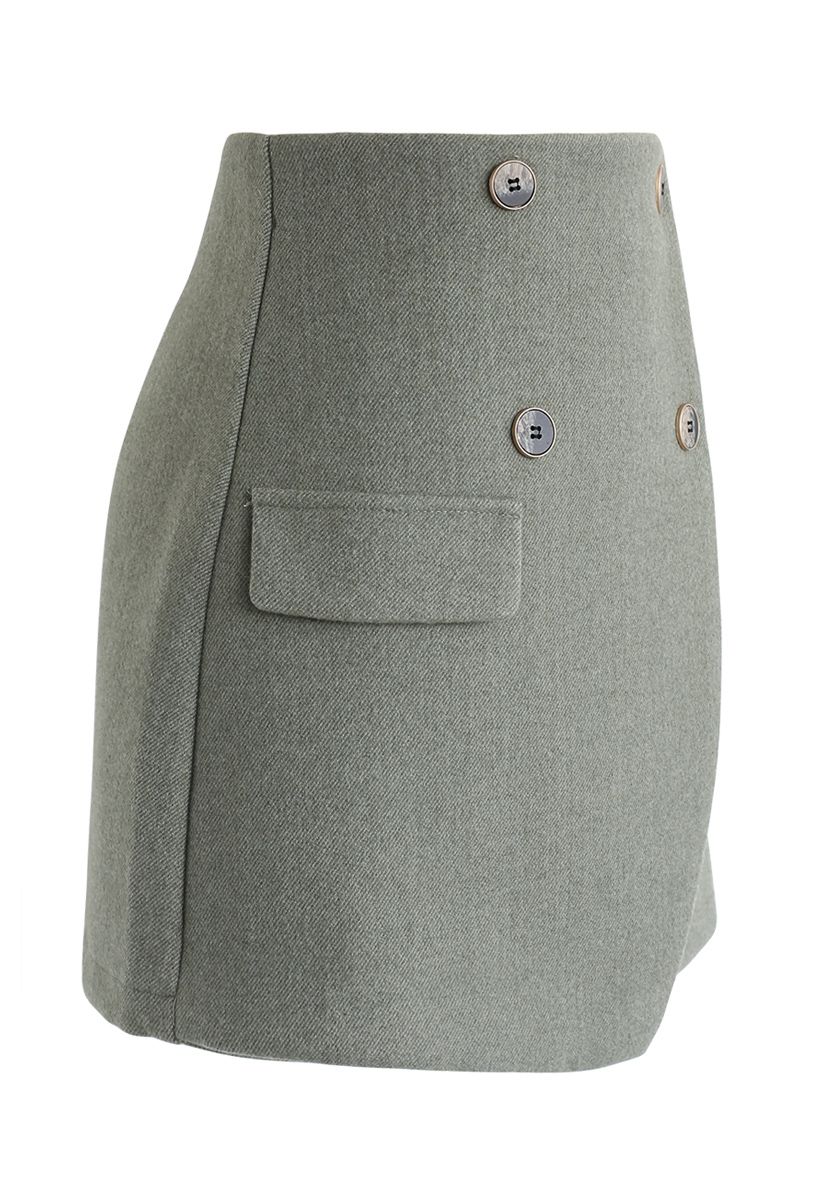 Button Trim Flap Mini Skirt in Green