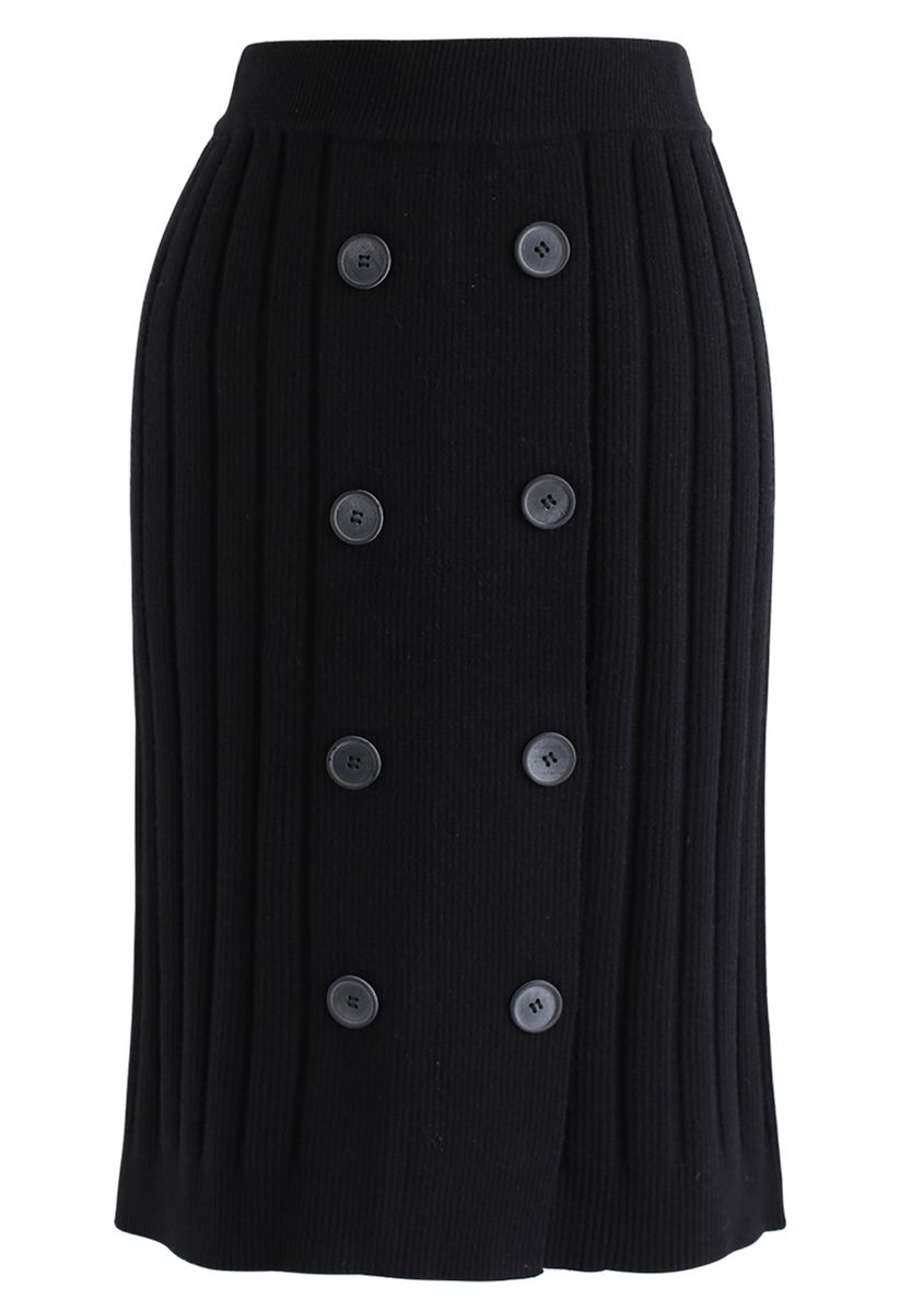 Button Ribbed Knit Pencil Skirt in Black