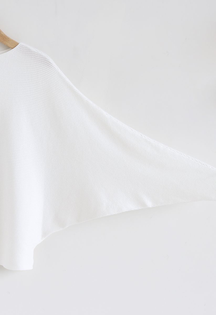 Boat Neck Batwing Sleeves Knit Top in White