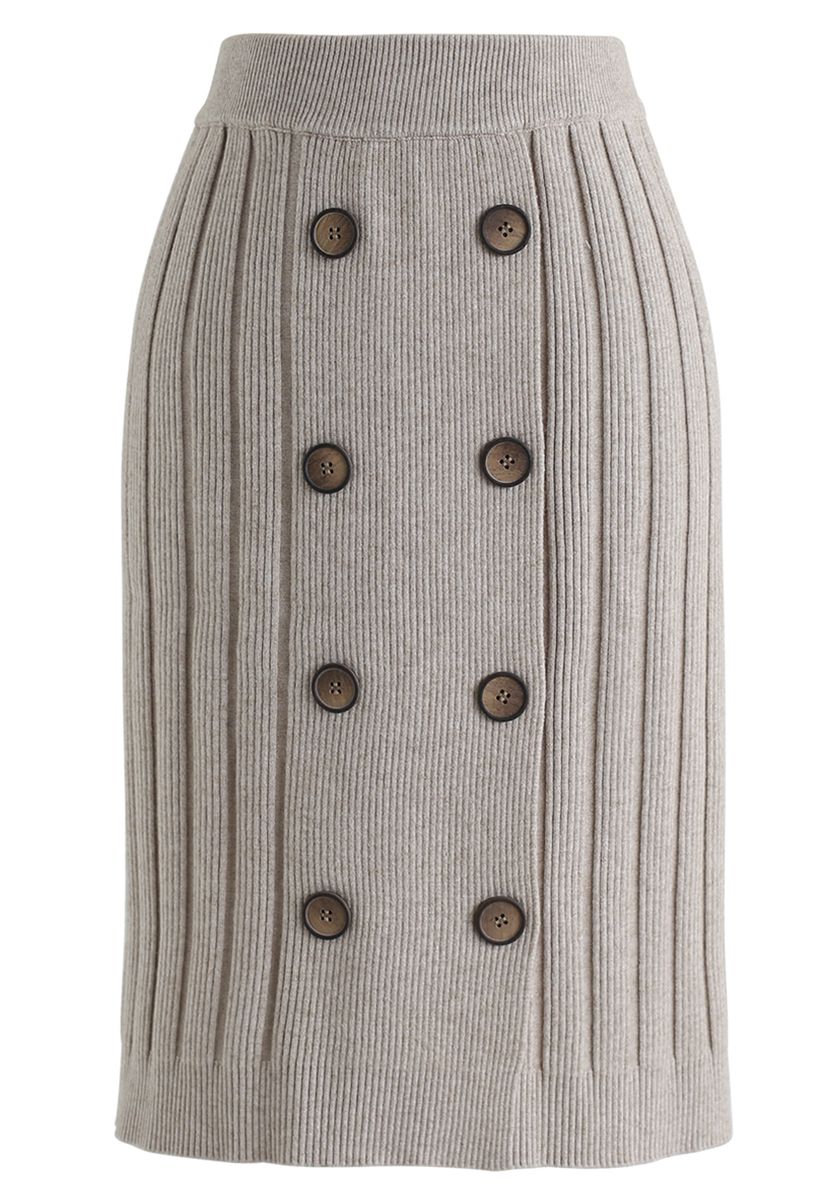 Button Ribbed Knit Pencil Skirt in Sand