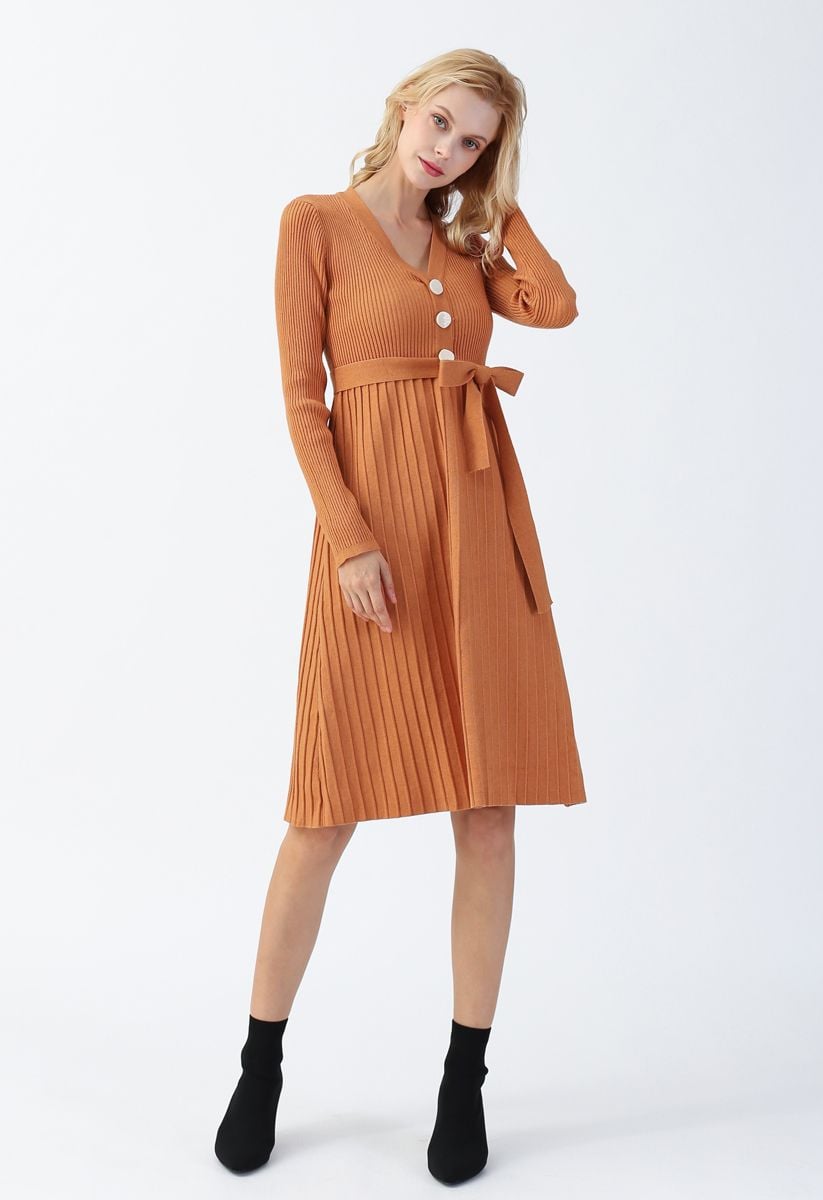 Orange V-Neck Buttoned Pleated Knit Dress