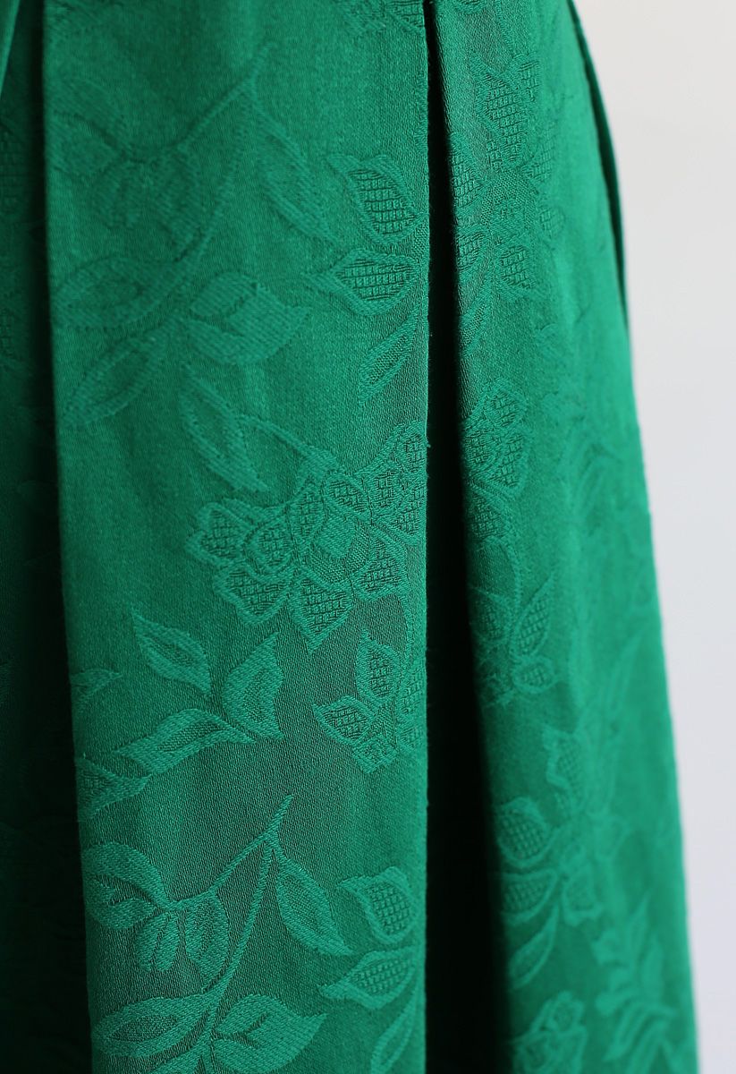 Green Flowery Jacquard Pleated Midi Skirt