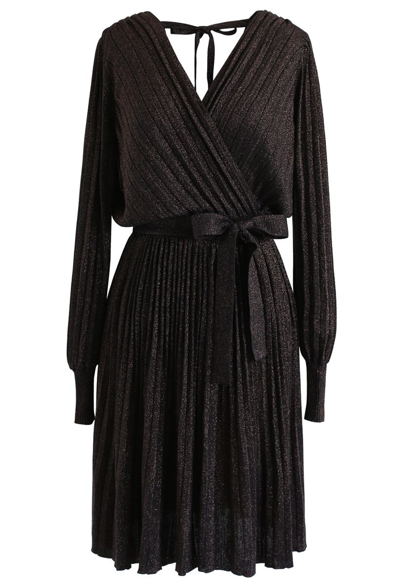 Shiny Pleated Wrap Dress in Black