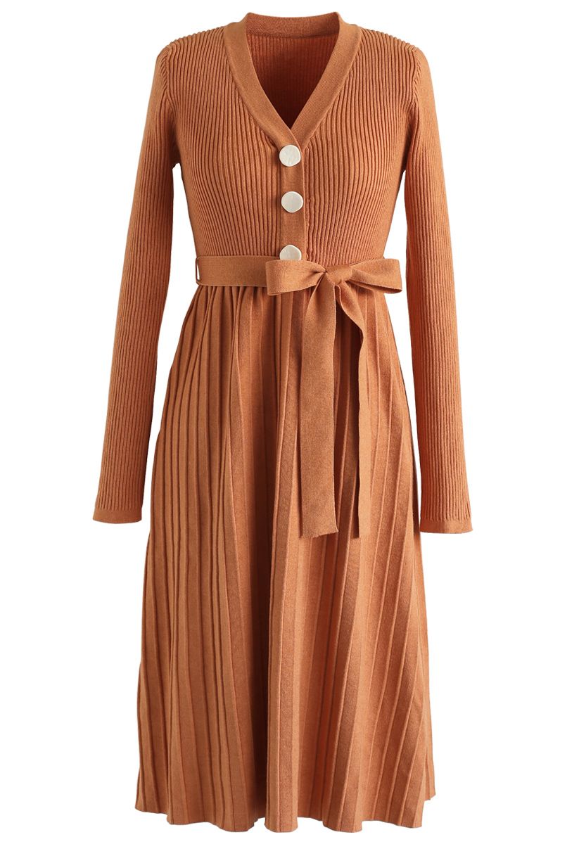 Orange V-Neck Buttoned Pleated Knit Dress