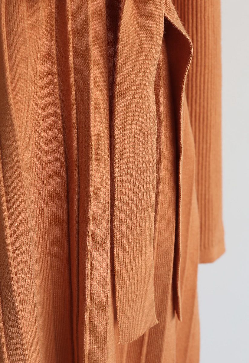 Orange V-Neck Buttoned Pleated Knit Dress