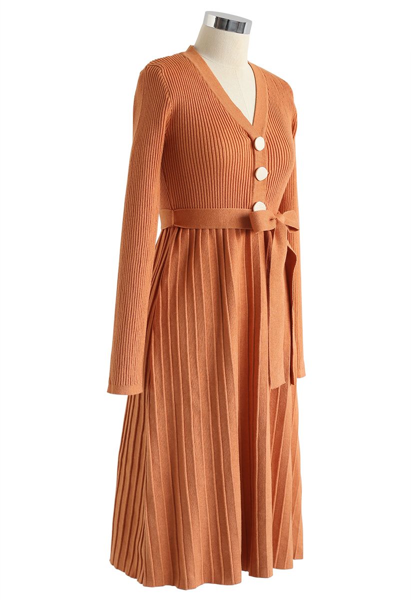 Orange V-Neck Buttoned Pleated Knit Dress