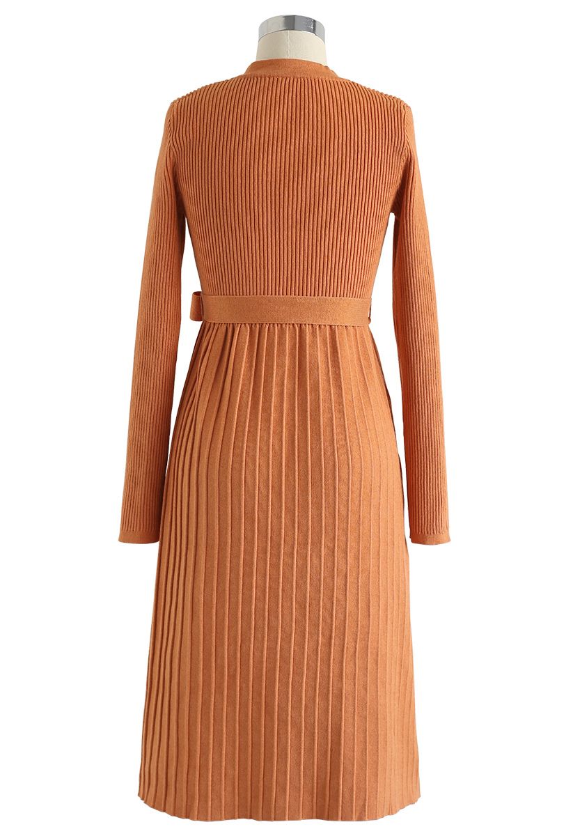 Orange V-Neck Buttoned Pleated Knit Dress