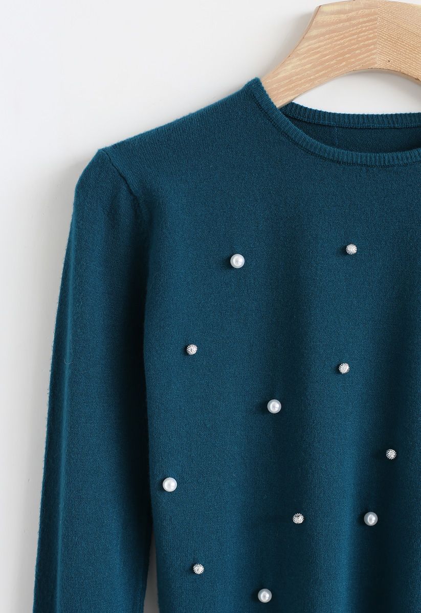 Beads and Pearls Embellished Knit Sweater in Turquoise