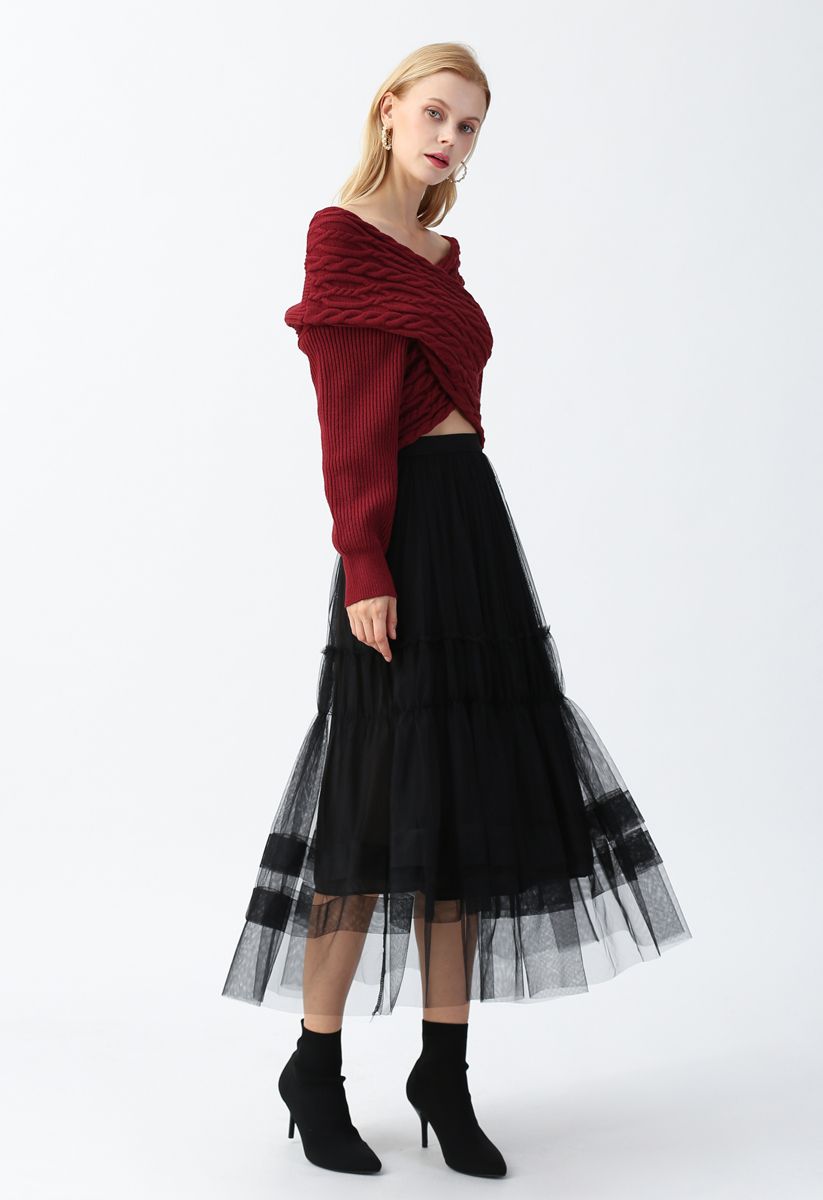 Double-Layered Tulle Midi Skirt in Black