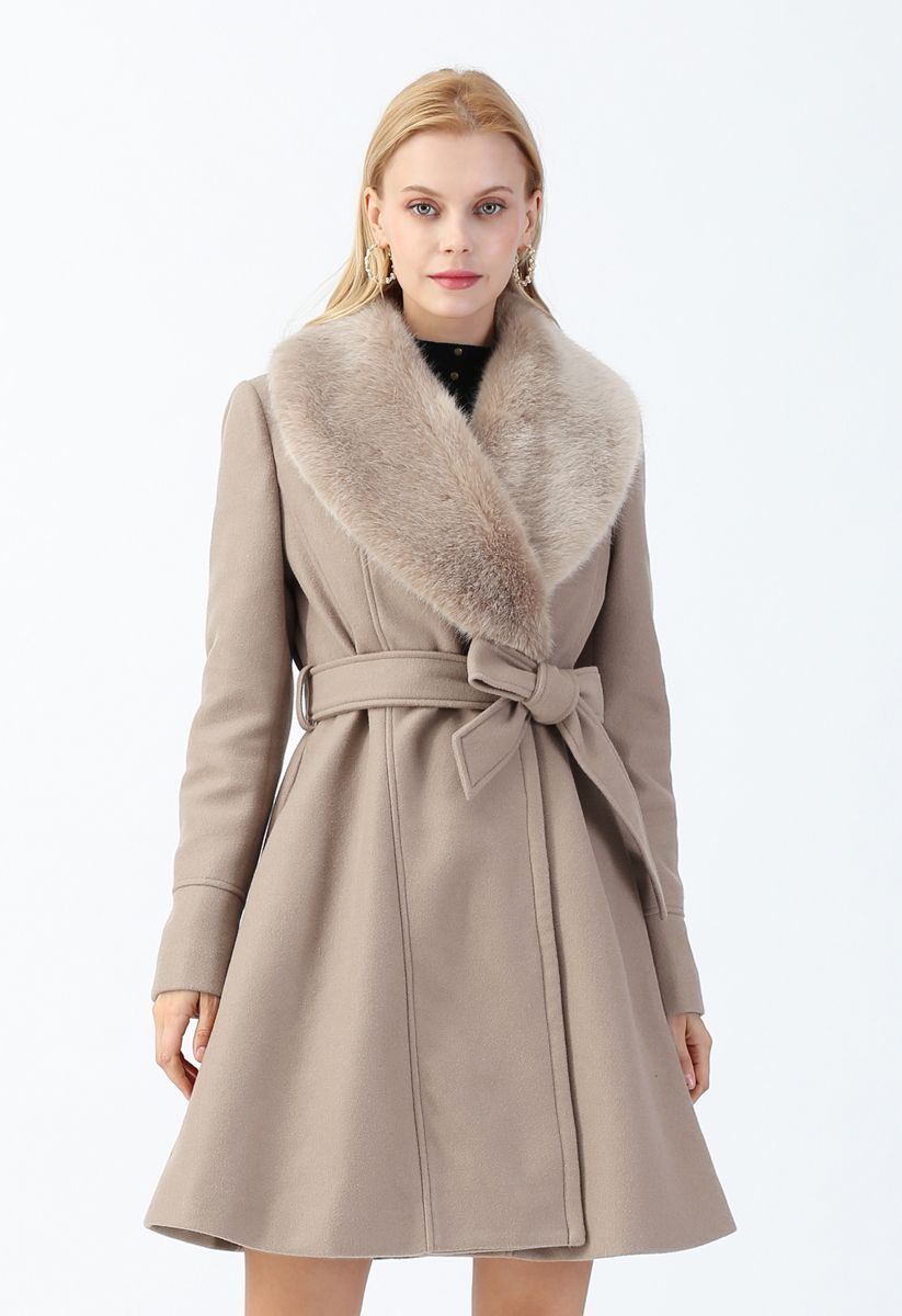 Faux Fur Collar Belted Flare Coat in Taupe - Retro, Indie and