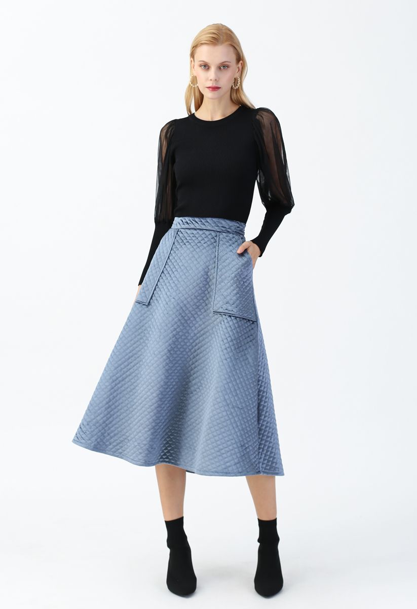 Pockets Quilted Velvet A-Line Midi Skirt in Dusty Blue