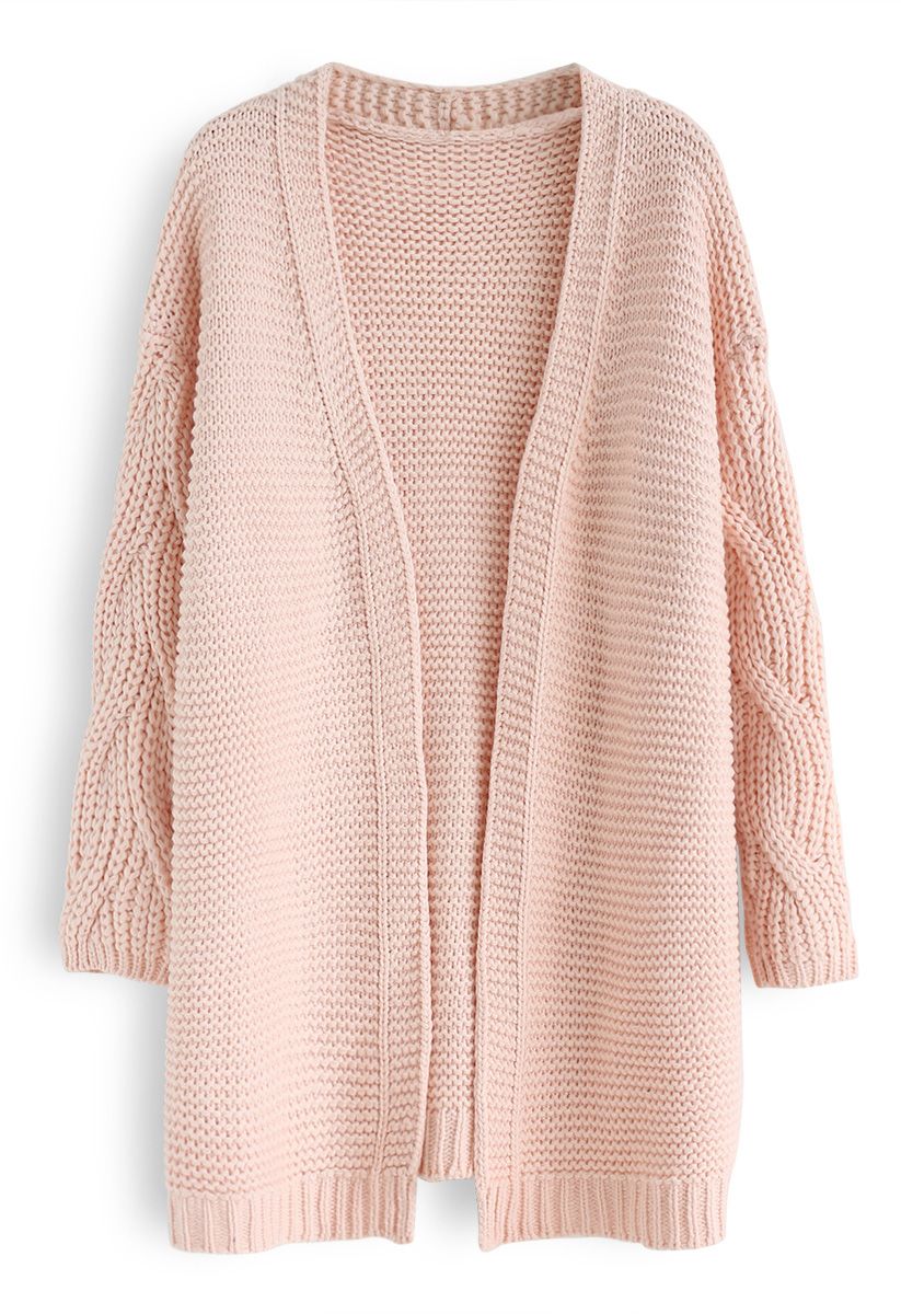 Cable Sleeves Knit Cardigan in Pink