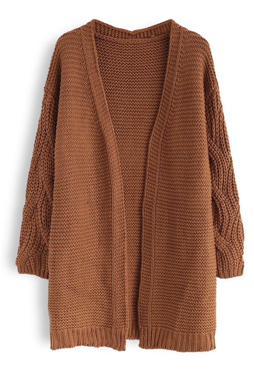 Cable Sleeves Knit Cardigan in Caramel