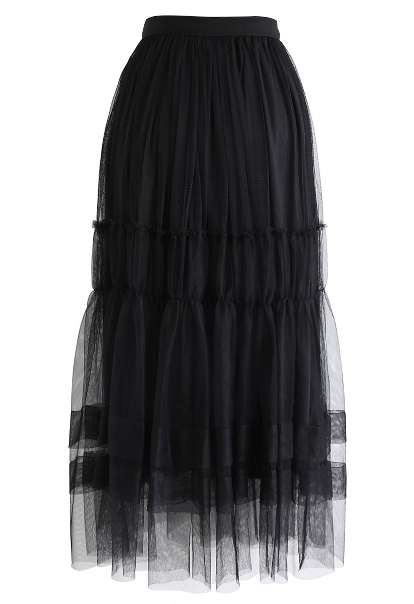 Double-Layered Tulle Midi Skirt in Black