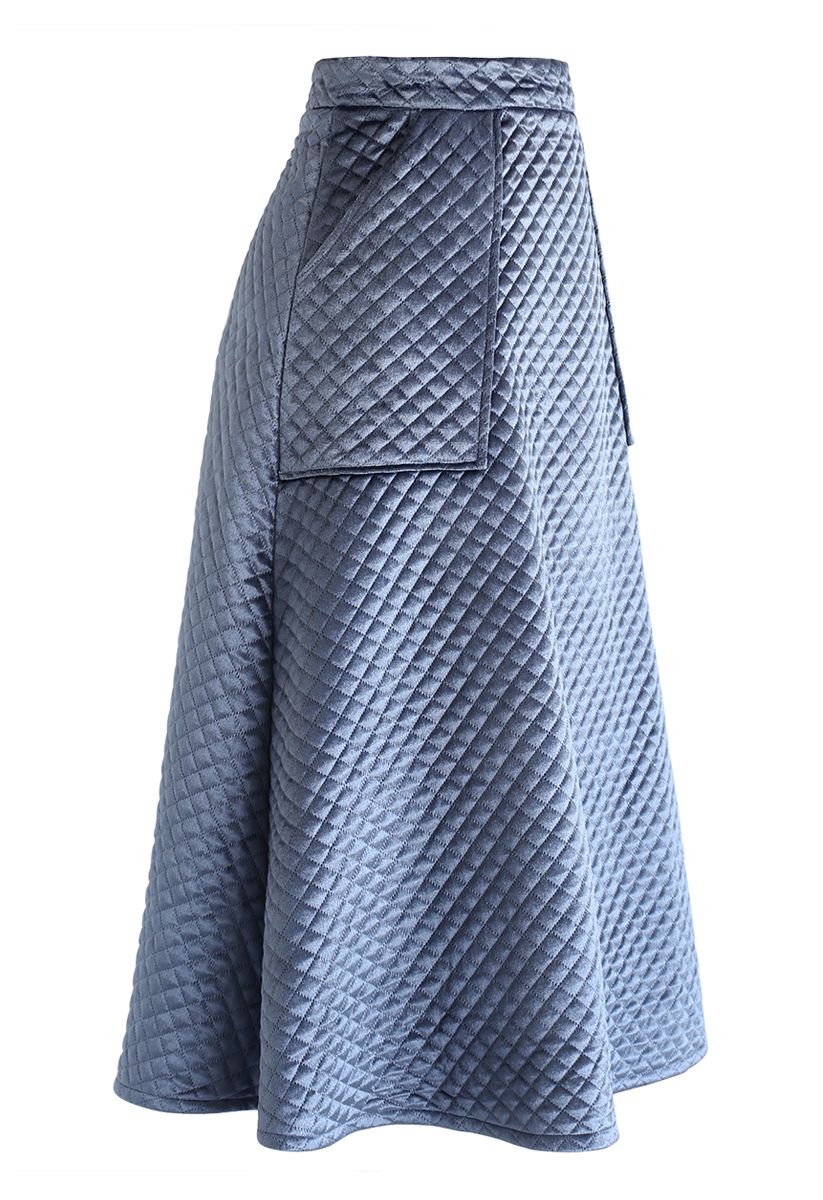 Pockets Quilted Velvet A-Line Midi Skirt in Dusty Blue