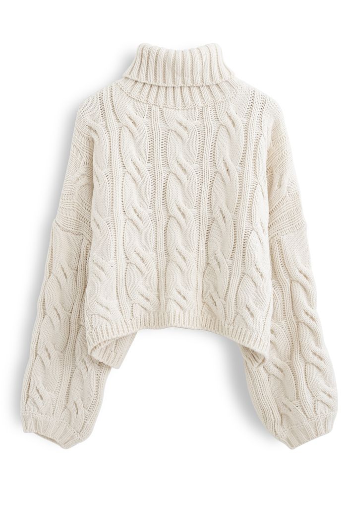 Turtleneck Braid Knit Crop Sweater in Sand