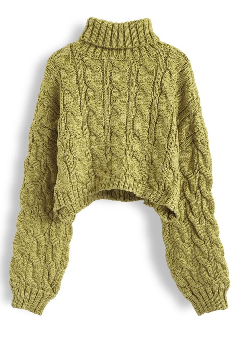 Turtleneck Braid Knit Crop Sweater in Moss Green