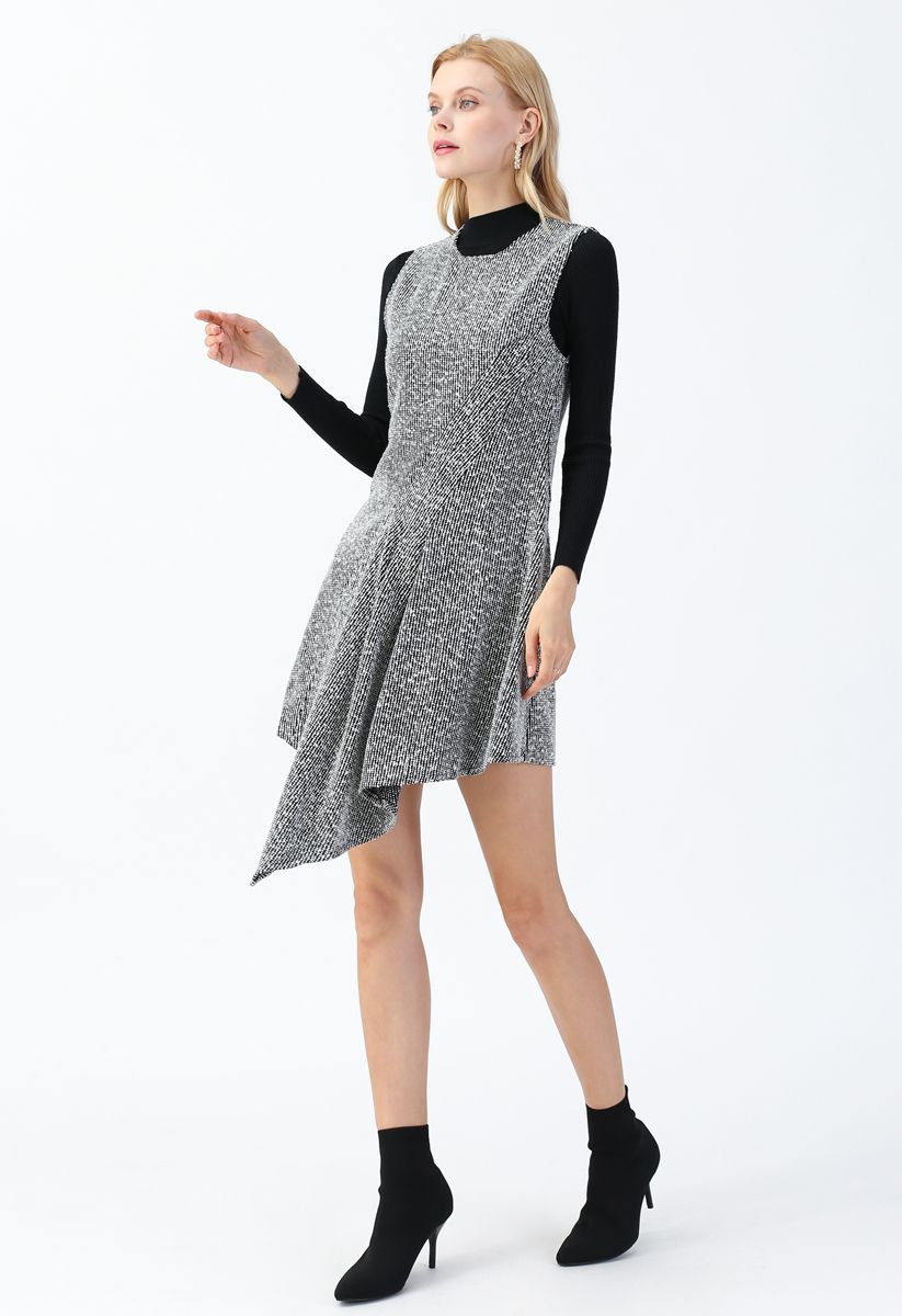 Tweed Asymmetric Sleeveless Dress in Grey