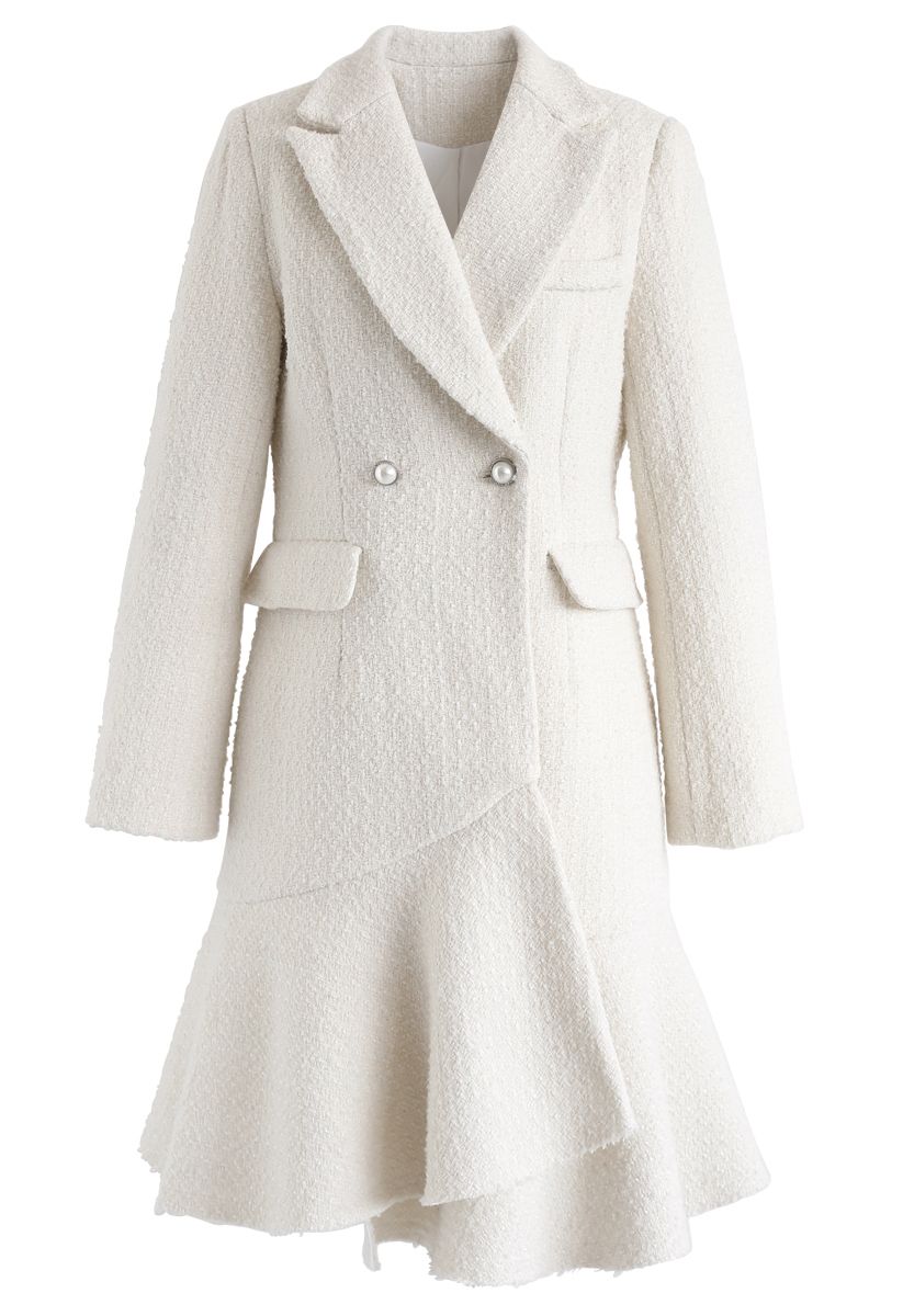 Asymmetric Frill Hem Tweed Coat Dress in White