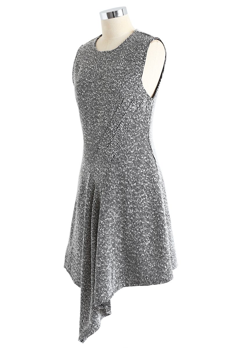 Tweed Asymmetric Sleeveless Dress in Grey