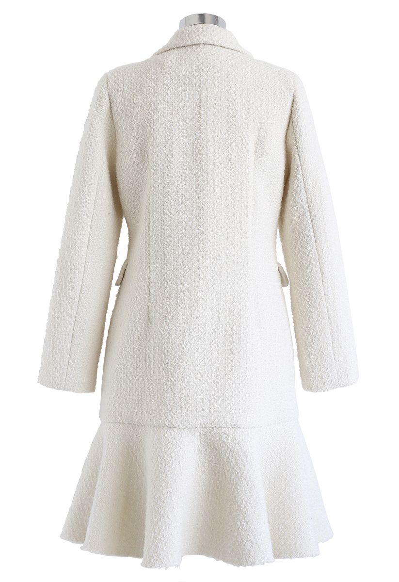 Asymmetric Frill Hem Tweed Coat Dress in White
