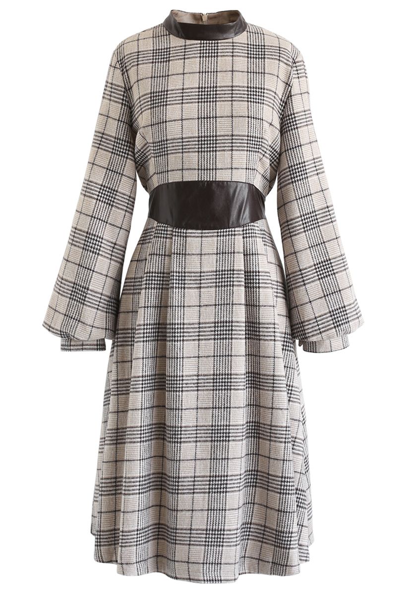 Plaid Puff Sleeves Pleated Midi Dress in Sand