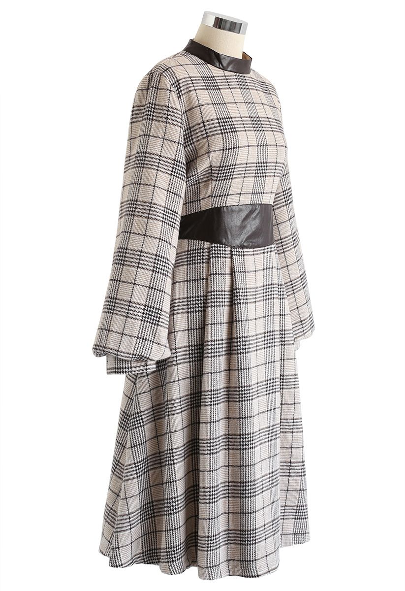 Plaid Puff Sleeves Pleated Midi Dress in Sand