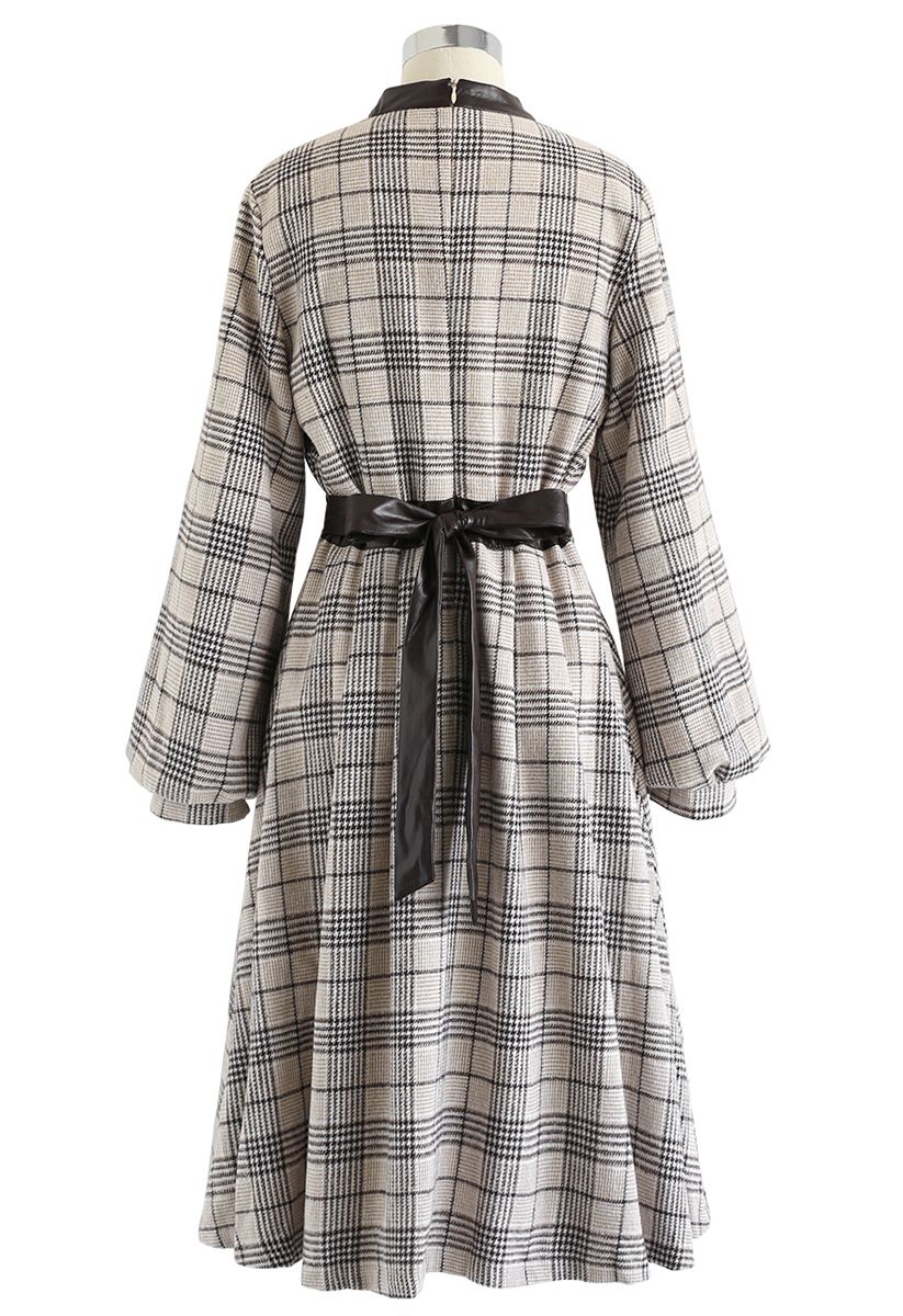 Plaid Puff Sleeves Pleated Midi Dress in Sand