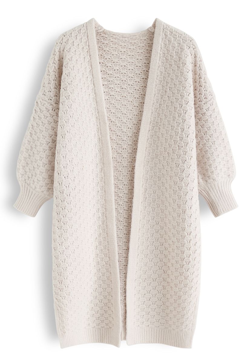 Split Hem Puff Sleeves Longline Knit Cardigan in Cream