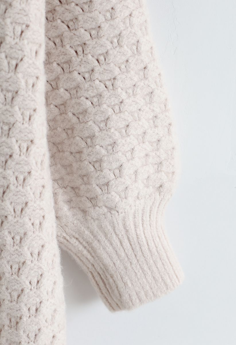 Split Hem Puff Sleeves Longline Knit Cardigan in Cream