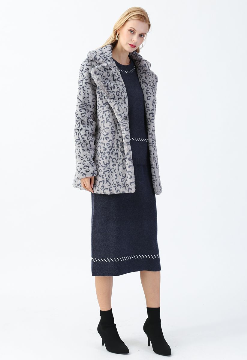 Collared Leopard Faux Fur Coat in Grey