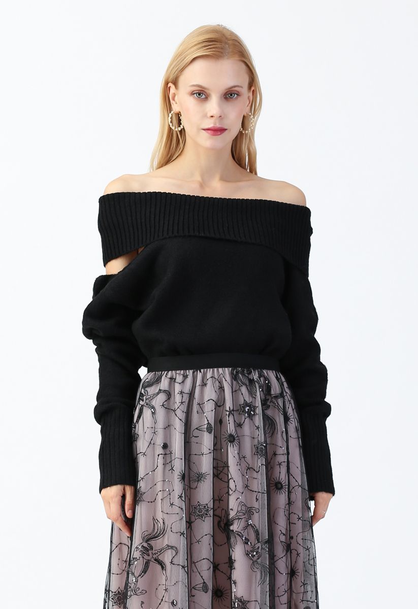 Asymmetric Cutout Off-Shoulder Knit Sweater in Black