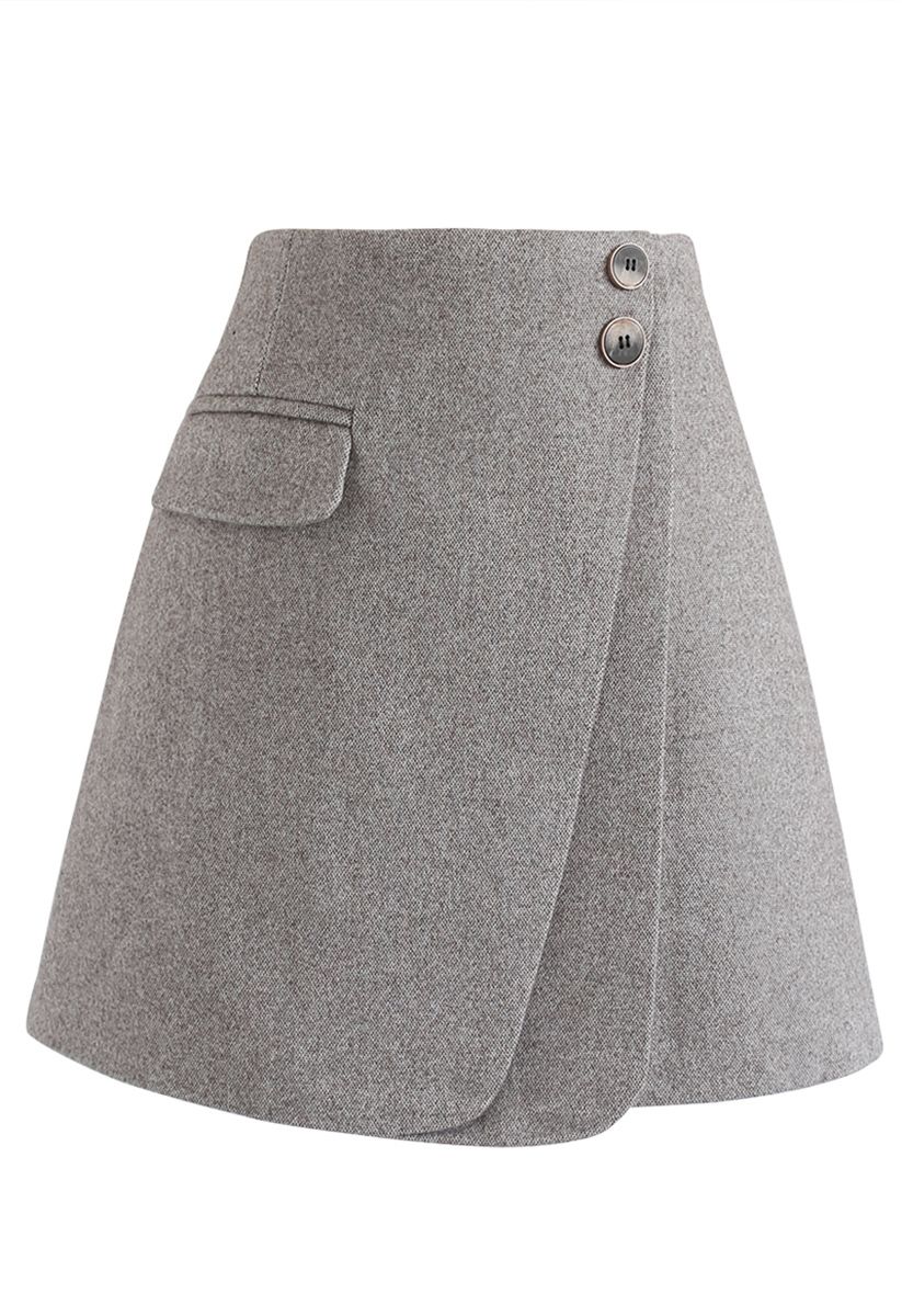 Double Flap Wool-Blend Mini Skirt in Grey - Retro, Indie and Unique Fashion
