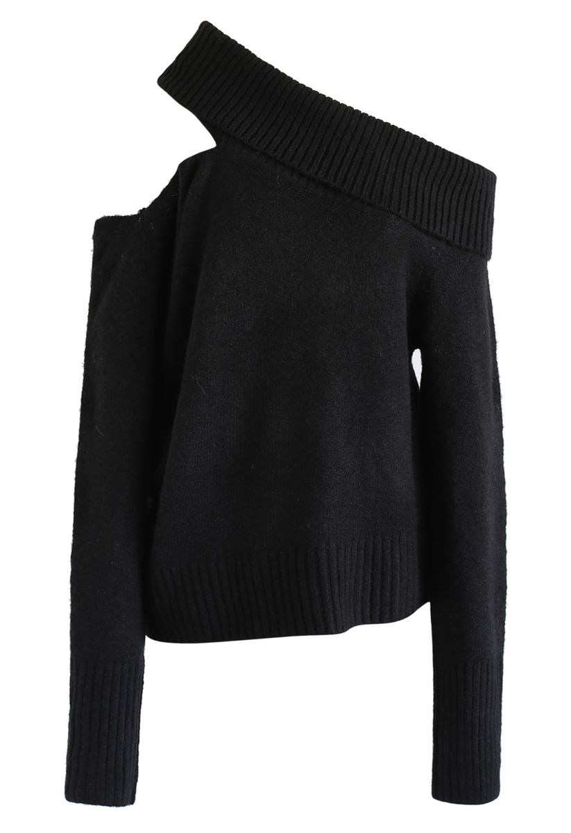 Asymmetric Cutout Off-Shoulder Knit Sweater in Black